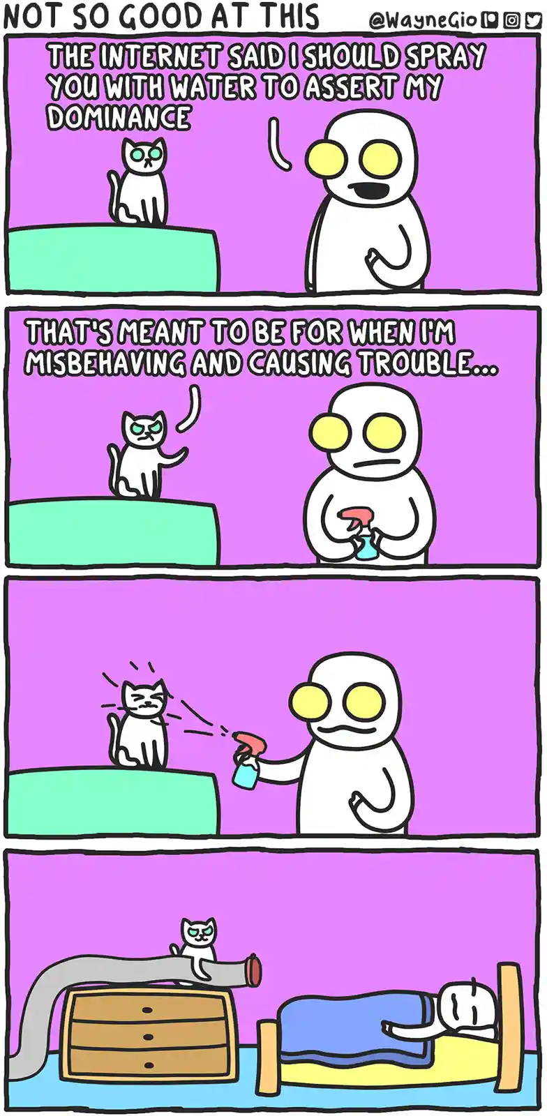 A four-panel comic shows a white humanoid figure and a white cat on a green platform. The figure, holding a spray bottle…