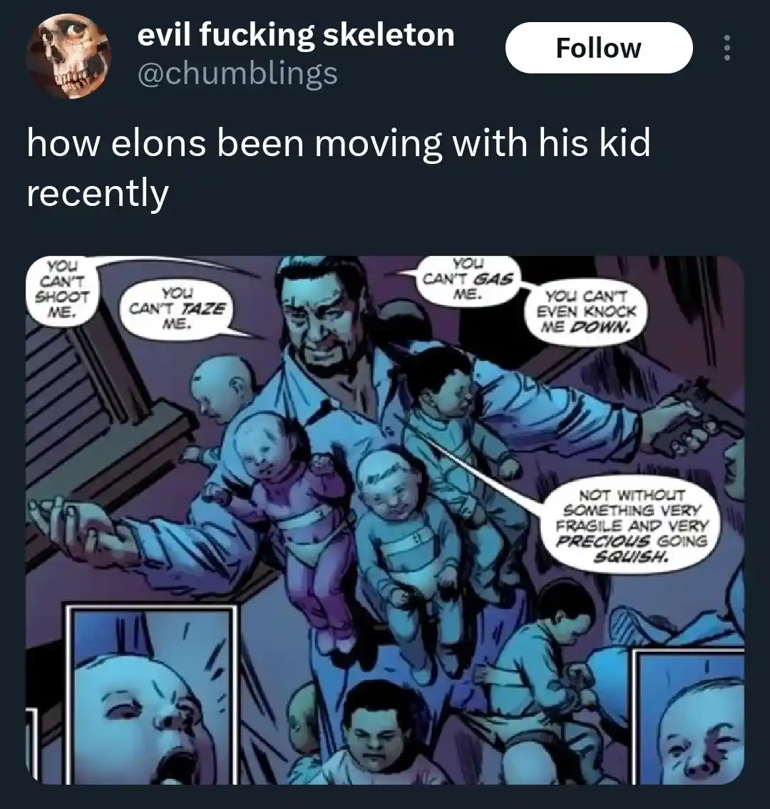 A comic panel shows a man surrounded by babies, holding a gun and declaring he can't be shot, tazed, gassed, or knocked…