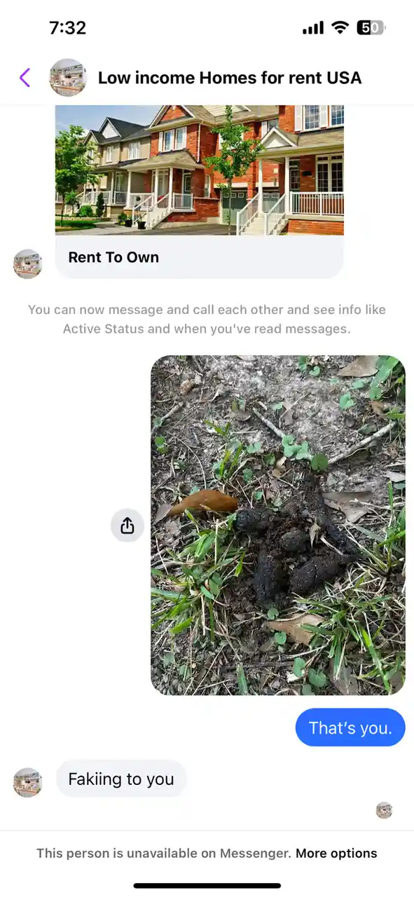 A screenshot of a chat interface shows a user named 'Low income Homes for rent USA' sending a photo of a nice brick house…