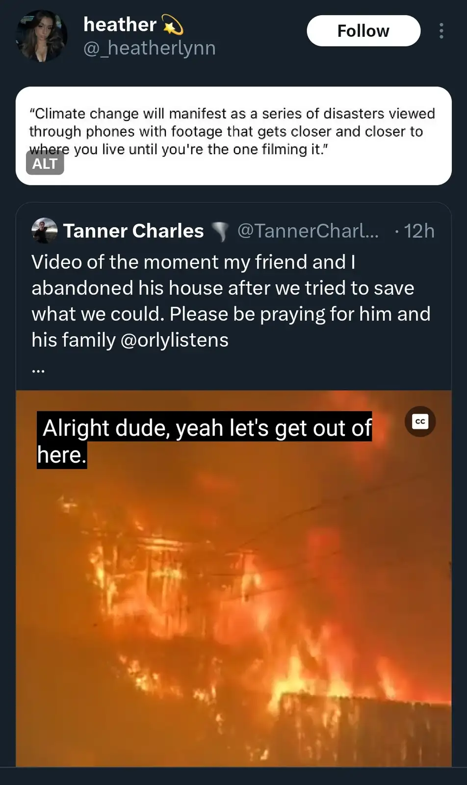 A screenshot of a Twitter thread shows a tweet about climate change manifesting as disasters on phones. Below it, a video…