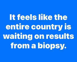 A solid blue background with white text centered that reads: 'It feels like the entire country is waiting on results from a…