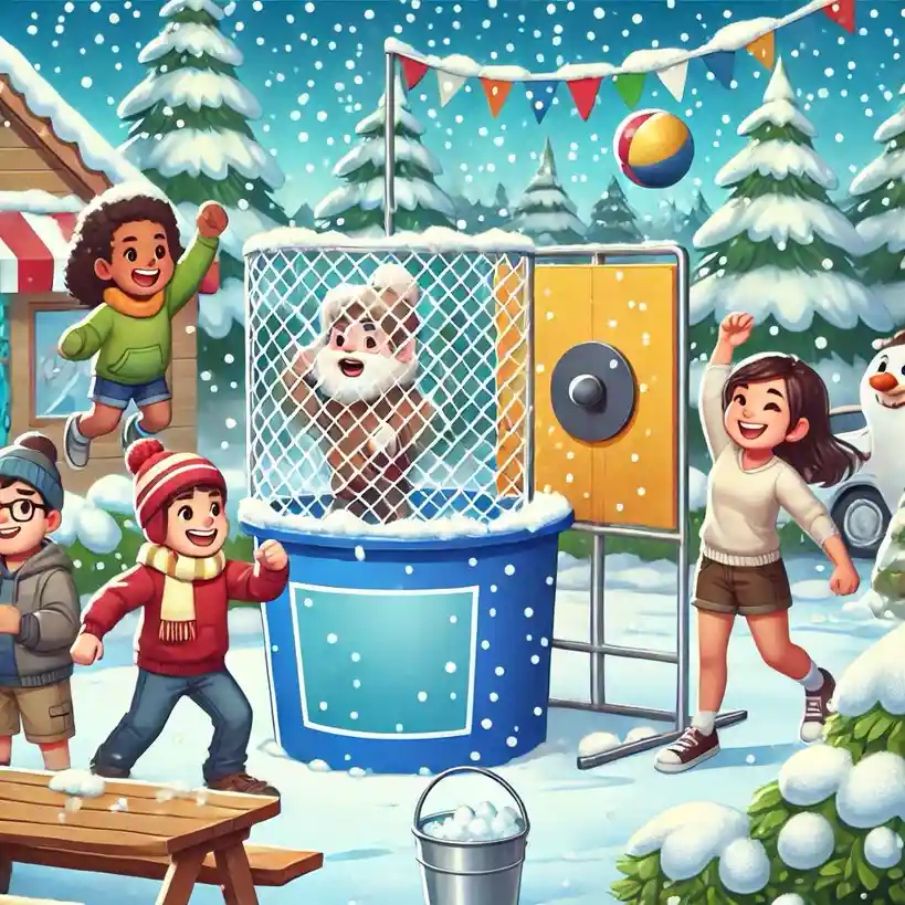 A cartoon illustration shows Santa Claus trapped inside a large blue bucket filled with snow, enclosed by a wire mesh cage…