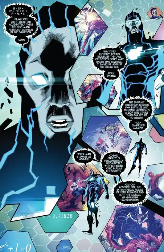 A comic book panel featuring a large, shocked-looking character with glowing eyes and blue lightning crackling around him…