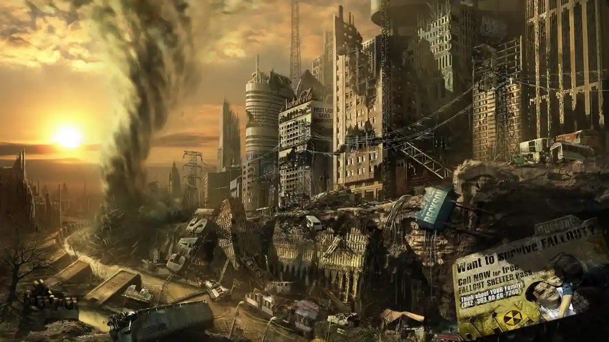 A post-apocalyptic cityscape with ruined skyscrapers, debris, and a nuclear explosion in the distance under a golden sunset…