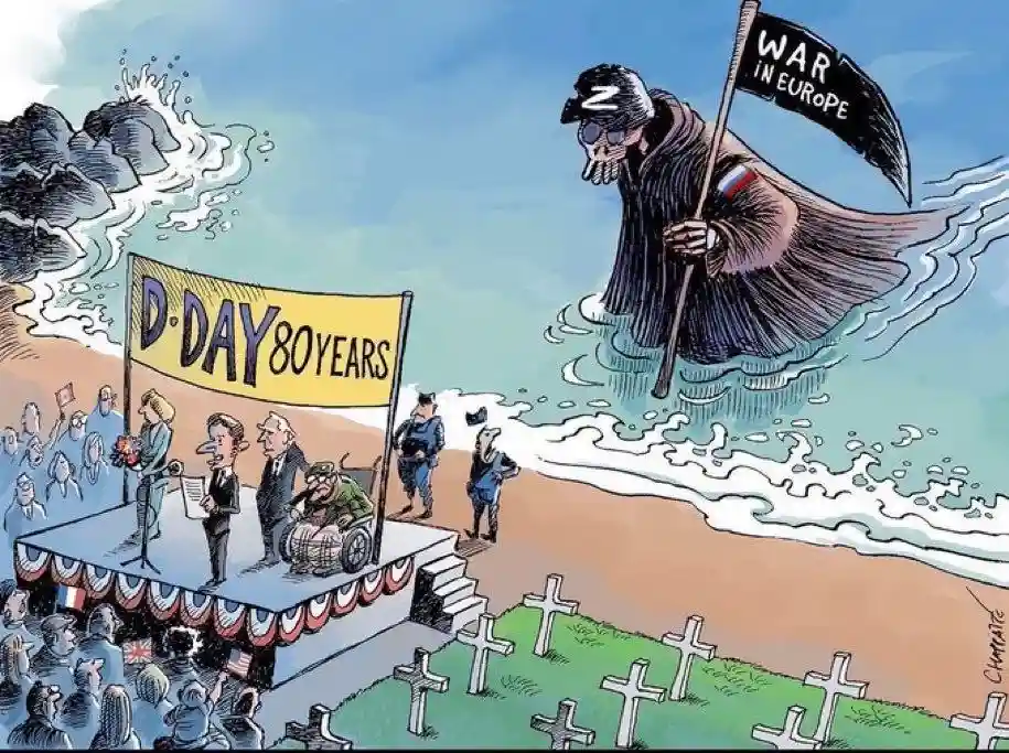 A political cartoon depicts a commemorative event for D-Day's 80th anniversary on a beach with a stage, crowd, and crosses…
