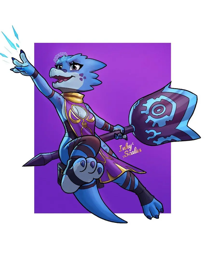 A blue, reptilian female character with a confident smirk, wearing purple and gold armor, holds a large shield with gear…