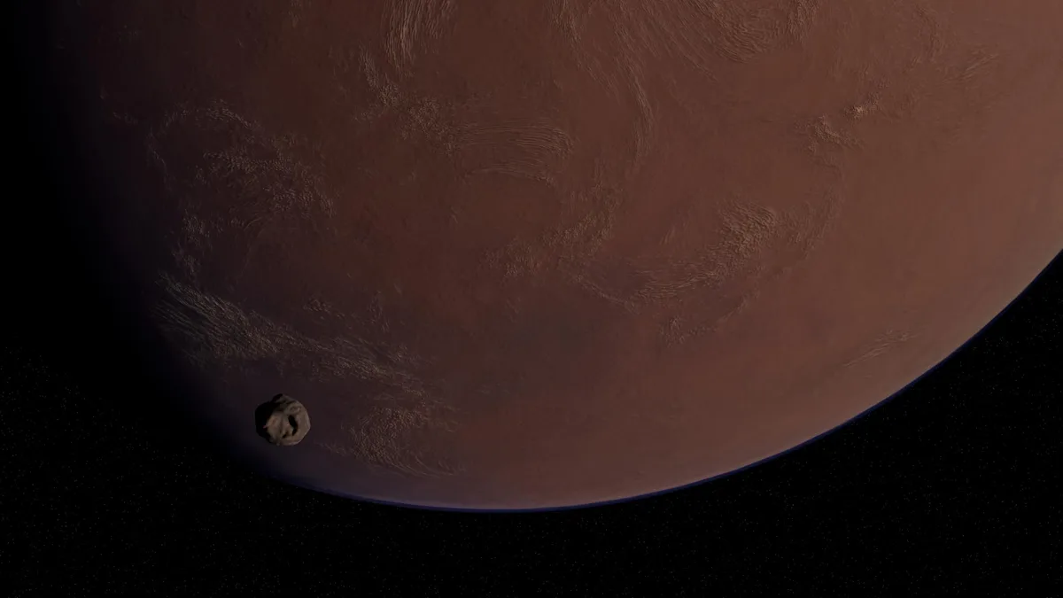 A large, reddish-brown planet dominates the image, with a small, gray, cratered moon-like object positioned near its curved…