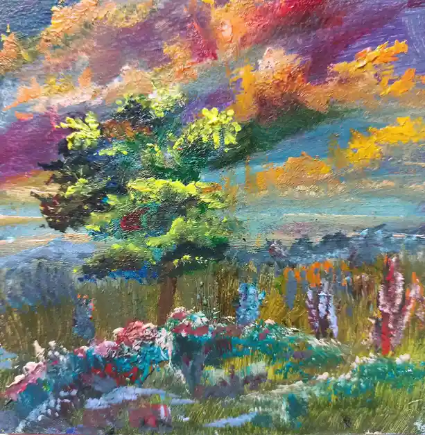 A vibrant, textured oil painting depicts a solitary tree with lush green foliage against a dramatic sky of purples, oranges…