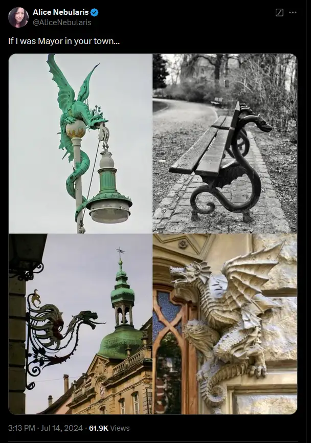 A four-panel collage shows various public fixtures decorated with dragons: a green…