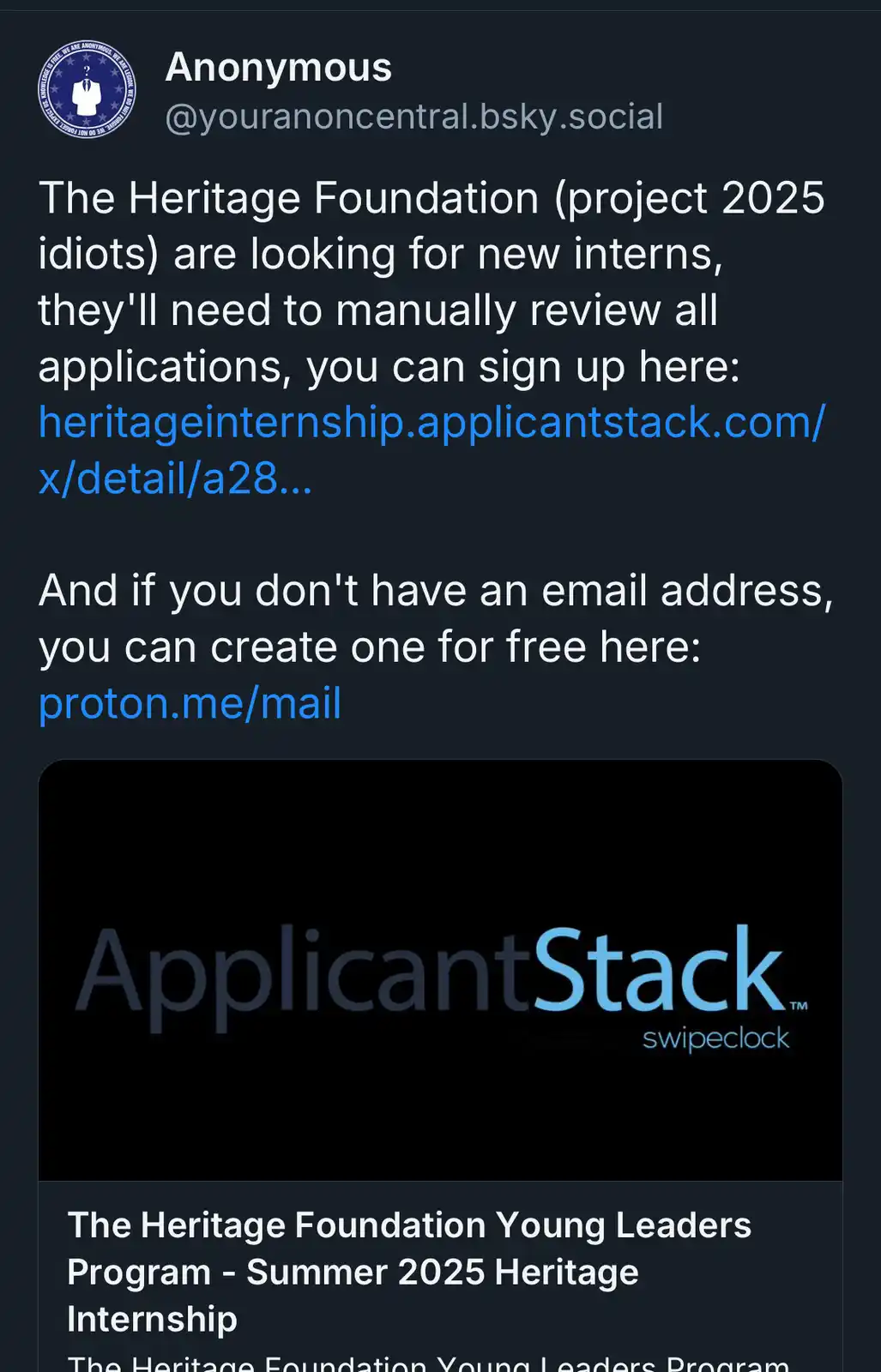 A screenshot of a social media post from 'Anonymous' promoting an internship at The Heritage Foundation, which sarcastically…