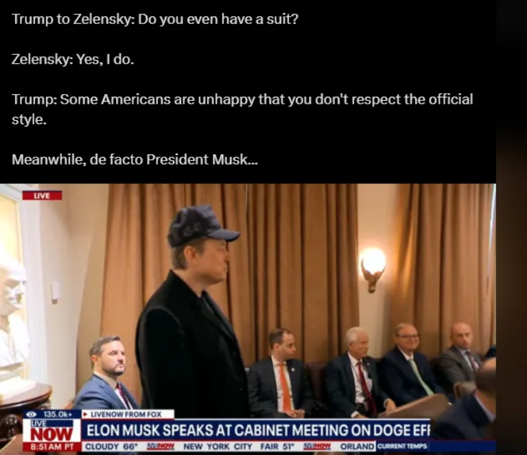 A screenshot from a Fox News broadcast shows Elon Musk standing in a formal room wearing a black suit and a baseball cap…