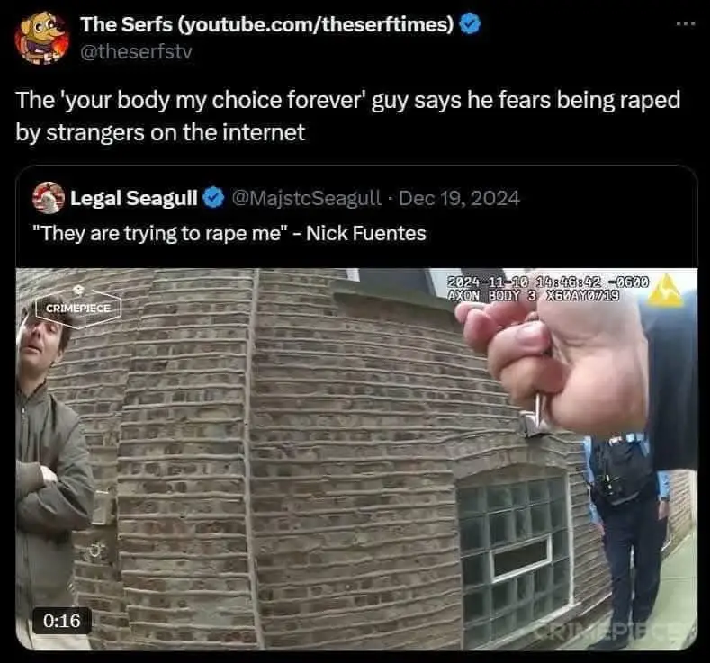 A screenshot of a tweet from 'Legal Seagull' showing a police bodycam video where a man in a grey jacket stands with arms…