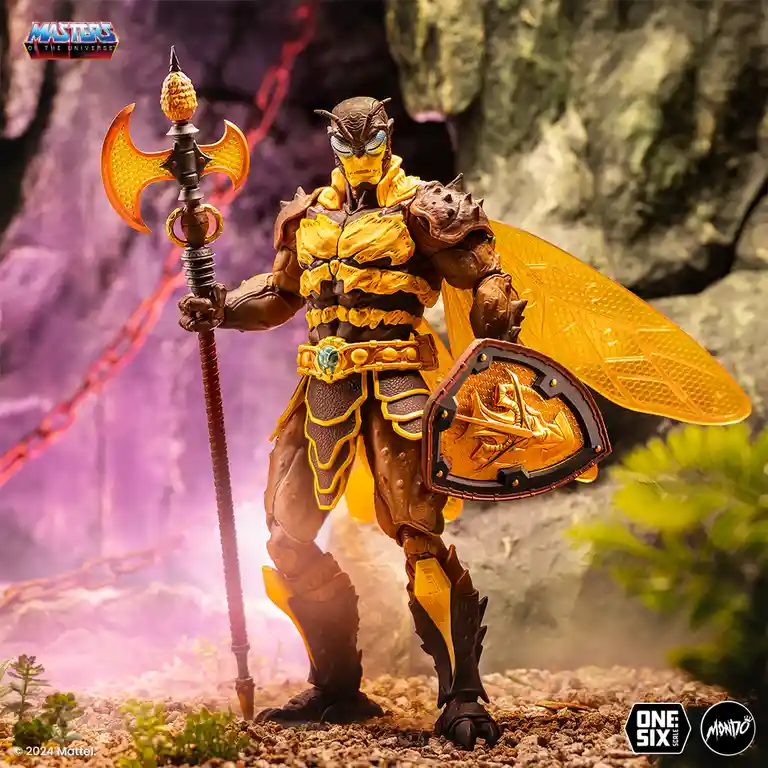 A highly detailed action figure of the character Bee from Masters of the Universe, standing in a rocky, fantasy setting. He…