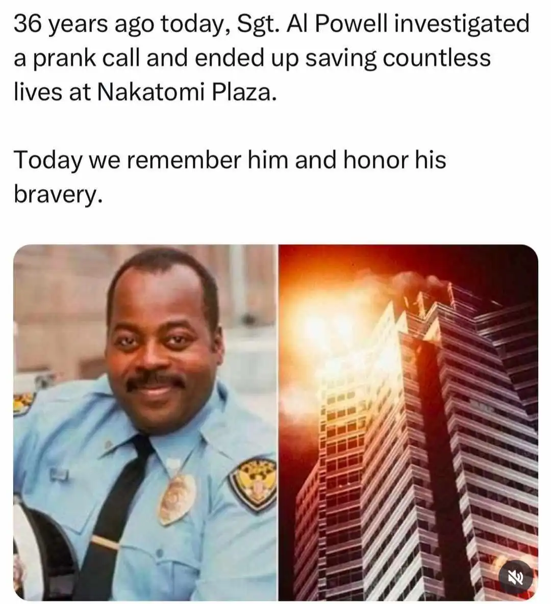 The image is split: on the left, a smiling Black man in a light blue police uniform with a badge and tie; on the right, a…
