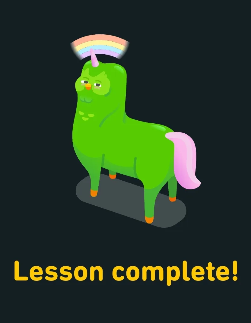 A green, cartoonish llama-like creature with a unicorn horn and a rainbow halo stands on a dark background. The text 'Lesson…