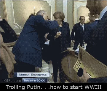 A six-panel sequence shows a man in a dark suit and a woman in a dark suit struggling to move a large, round, wooden chair…