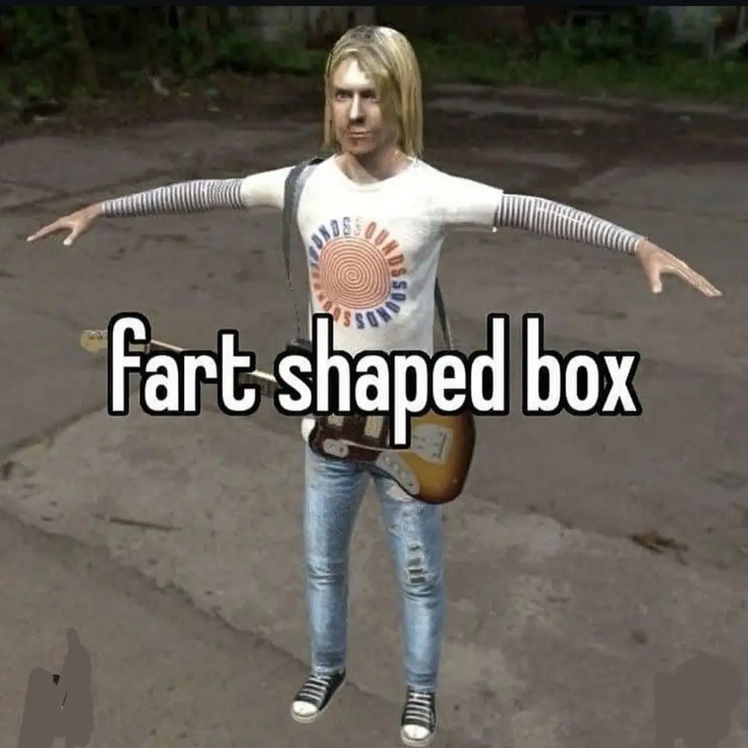 A digitally rendered image of Kurt Cobain, recognizable by his iconic hairstyle and striped sleeves, standing with arms…