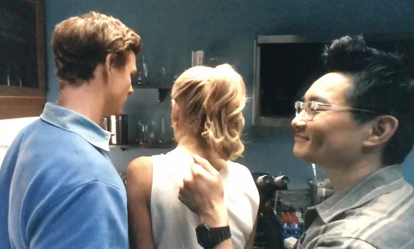 A split-screen image shows three frames of a man in a blue shirt and a woman in a white top standing close together, while…