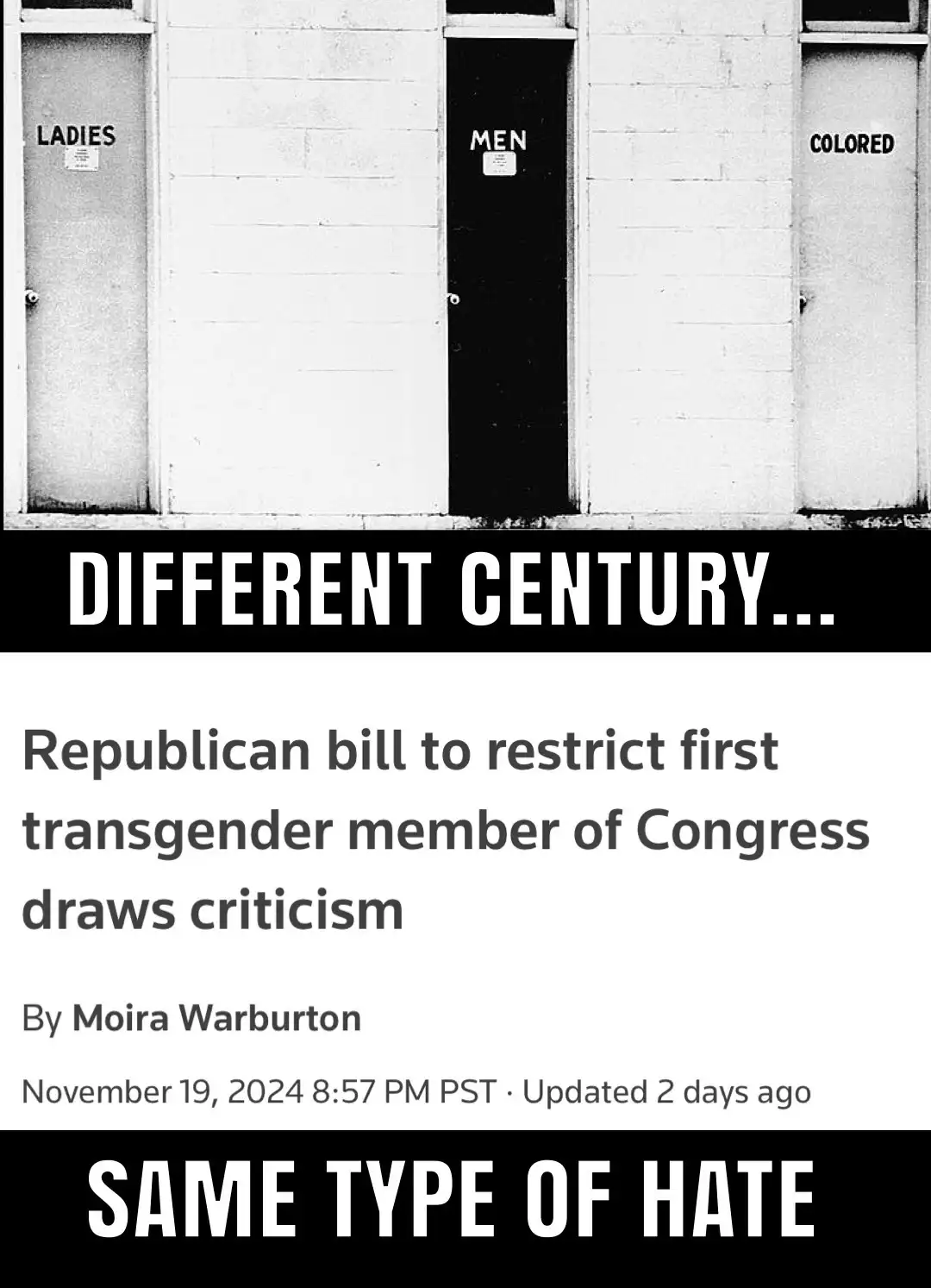 A black-and-white photo shows three restroom doors labeled 'LADIES', 'MEN', and 'COLORED'. Below, a news headline reads…