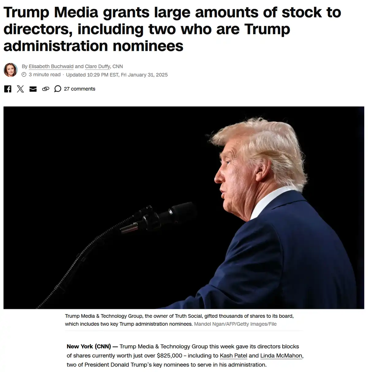 The image is a screenshot of a CNN news article with a headline about Trump Media granting stock to directors, including…