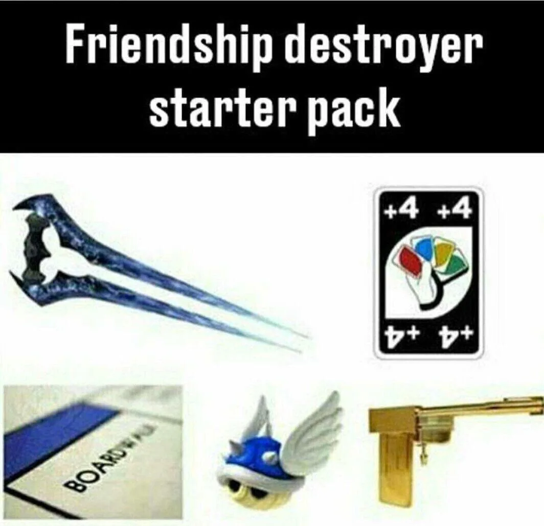 The image displays five items arranged in a grid: a blue ornate fork, a 'UNO +4' card, a close-up of a 'BOARDWALK' Monopoly…