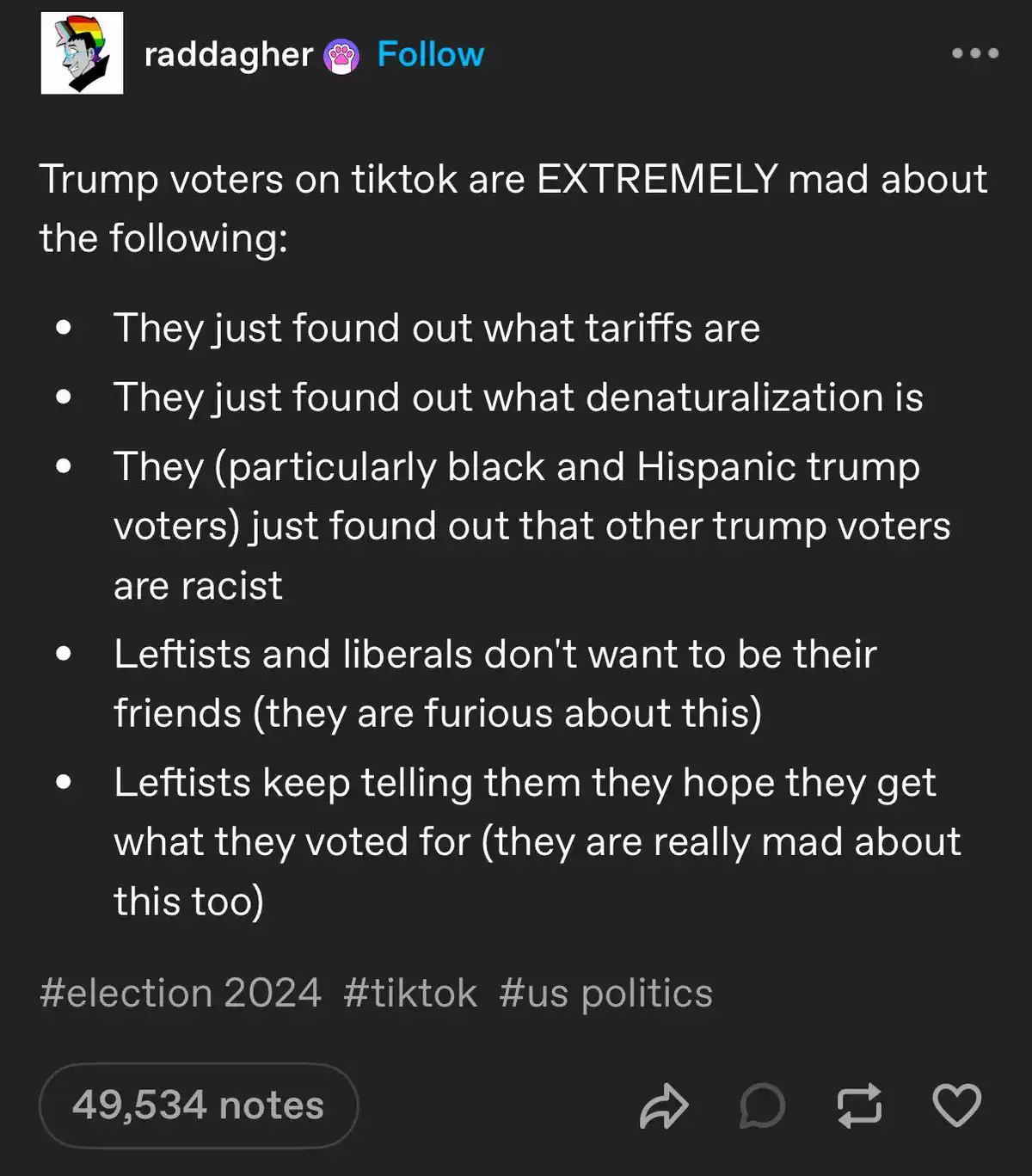 A screenshot of a social media post by 'raddagher' listing grievances of 'Trump voters on tiktok', including learning about…