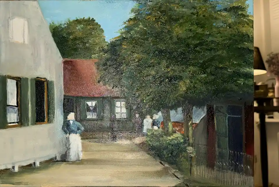 An oil painting depicts a rural scene with a woman in a blue dress and white apron standing near a white house, while other…