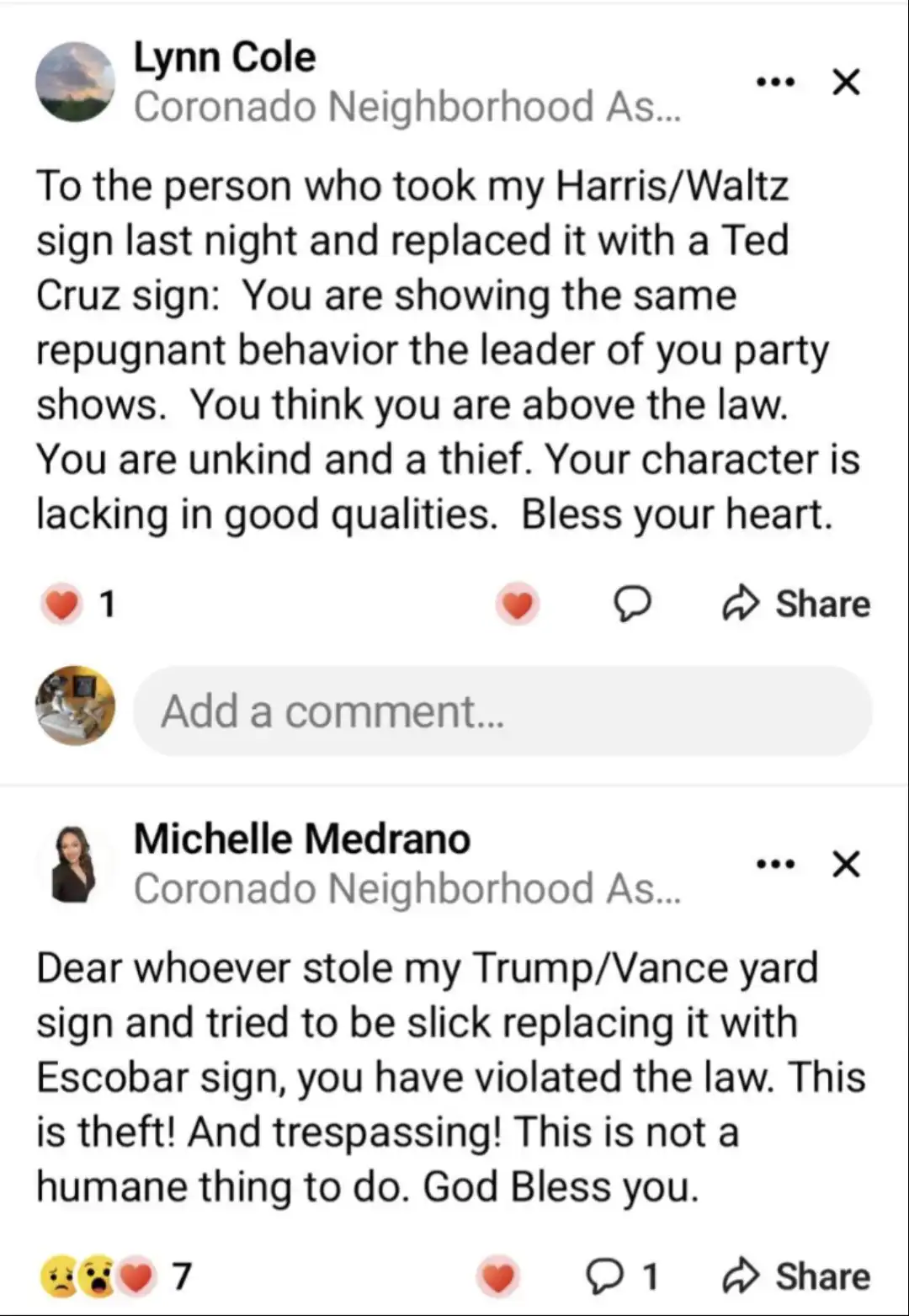A screenshot of two Facebook comments from users Lynn Cole and Michelle Medrano, both complaining about someone stealing…