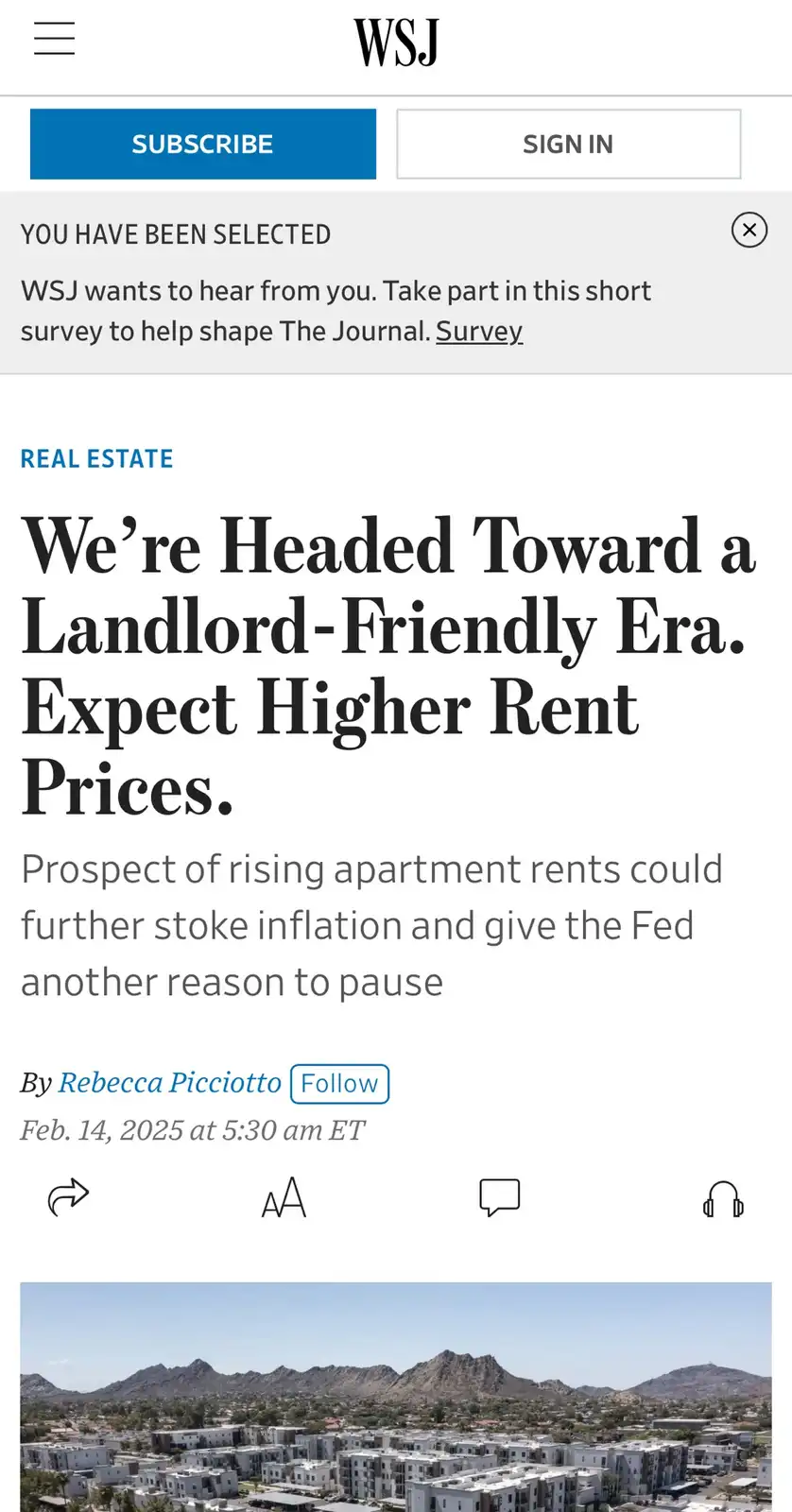 A screenshot of a Wall Street Journal article titled 'We're Headed Toward a Landlord-Friendly Era. Expect Higher Rent…