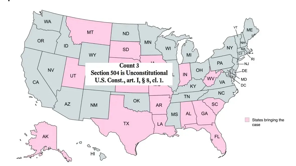 A map of the United States with states colored pink or gray, indicating which states are bringing a legal case. A white text…
