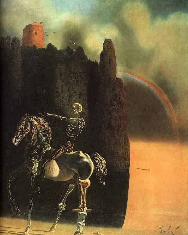 A dark, surreal painting depicts a skeletal rider on a skeletal horse, set against a dramatic landscape with a rainbow…
