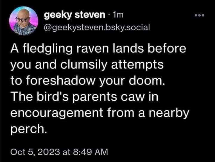 A screenshot of a social media post by 'geeky steven' showing white text on a black background. The text describes a…