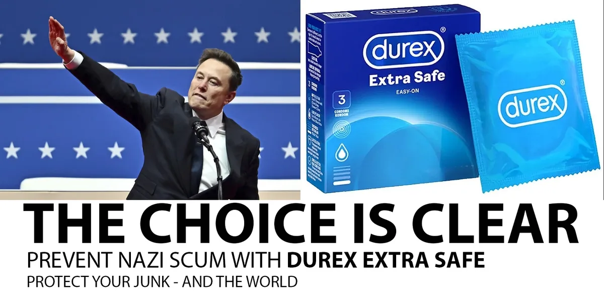 The image is a split-screen meme. On the left, Elon Musk is shown in a suit, raising his hand in front of a blue backdrop…