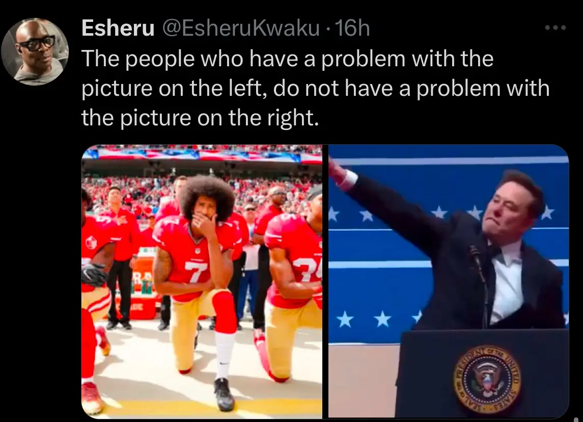 A split image shows a San Francisco 49ers football player kneeling on the field during a game, while on the right, Elon Musk…
