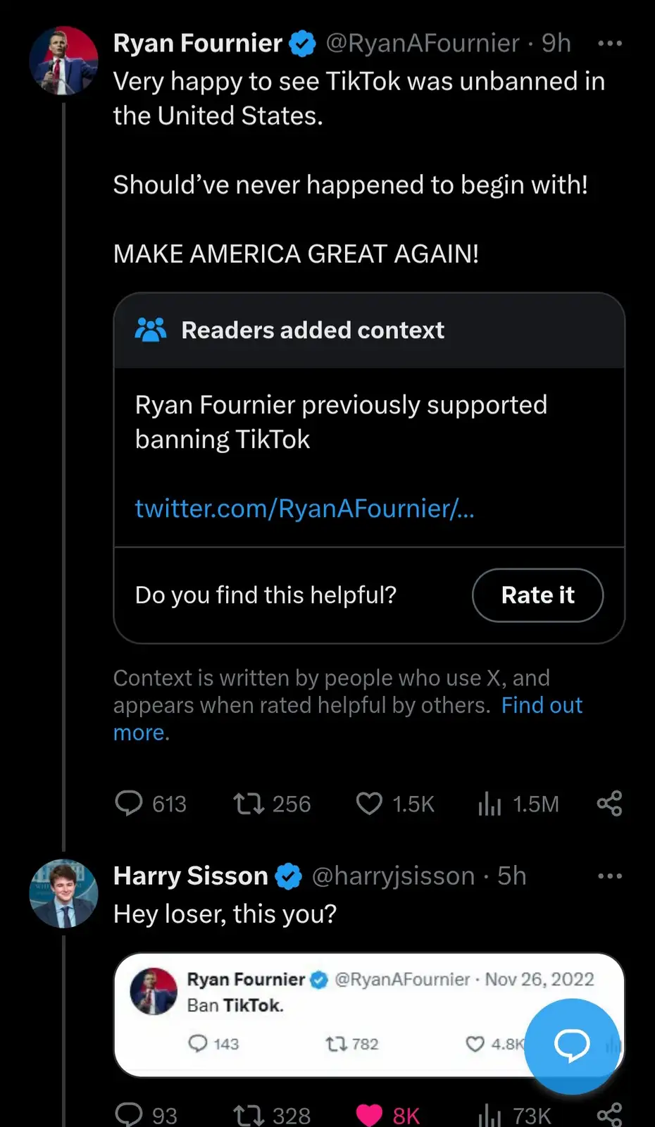 A screenshot of a Twitter thread showing Ryan Fournier expressing happiness about TikTok being unbanned in the U.S…