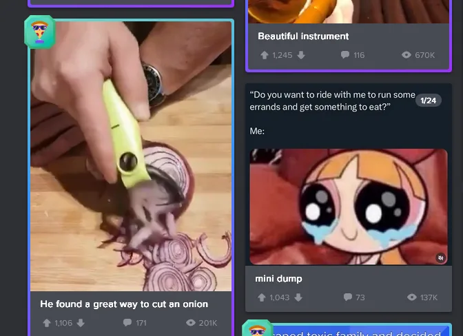 A screenshot of a TikTok-style video feed shows a video on the left of a hand using a yellow tool to slice an onion on a…