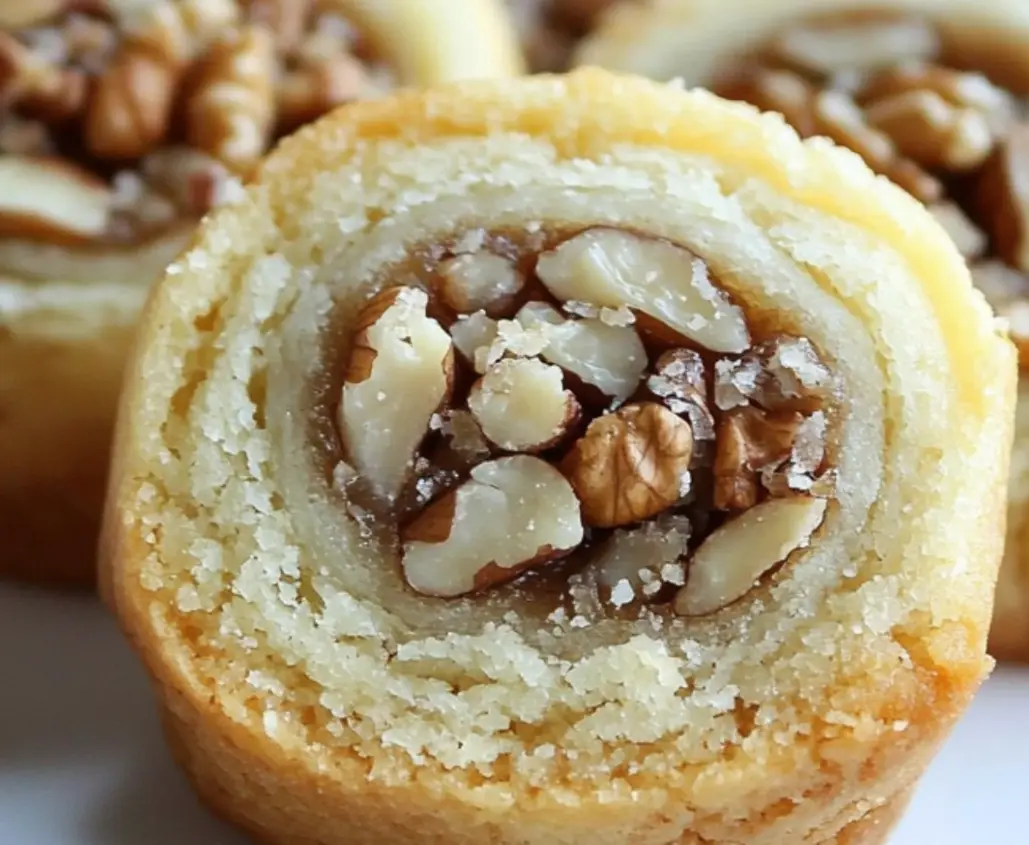 A close-up of a sliced pastry roll revealing a swirl of flaky dough filled with chopped nuts and sugar. The text overlaid on…