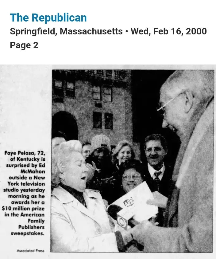 A black-and-white newspaper clipping from The Republican dated February 16, 2000, shows a woman, Faye Pelosa, being handed a…