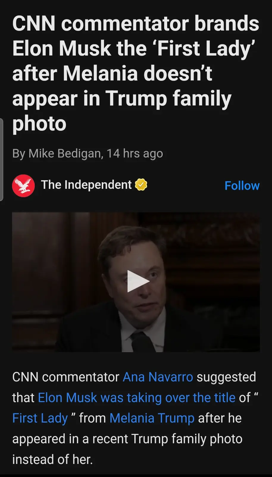A screenshot of a news article from The Independent shows a video thumbnail of Elon Musk with a play button. The headline…