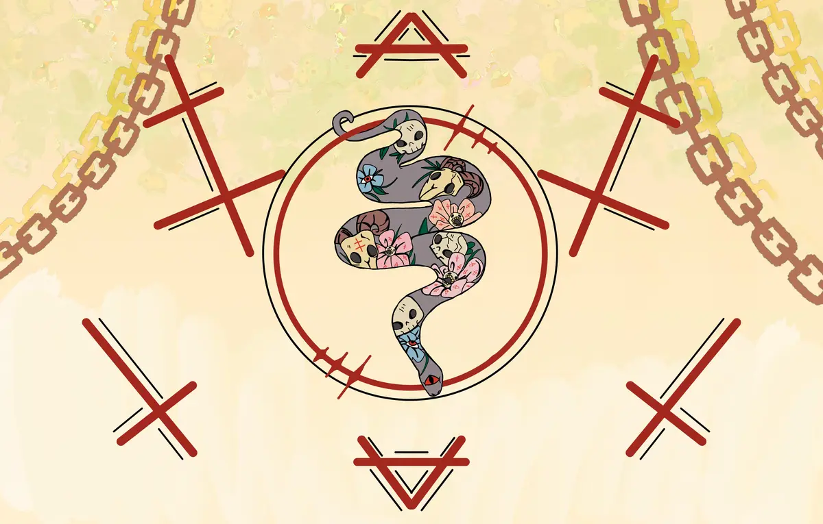 An illustration features a stylized snake coiled within a circle, adorned with skulls and flowers, surrounded by red crosses…