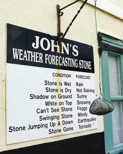 A black-and-white sign mounted on a building reads 'JOHN'S WEATHER FORECASTING STONE' and lists conditions like 'Stone is…