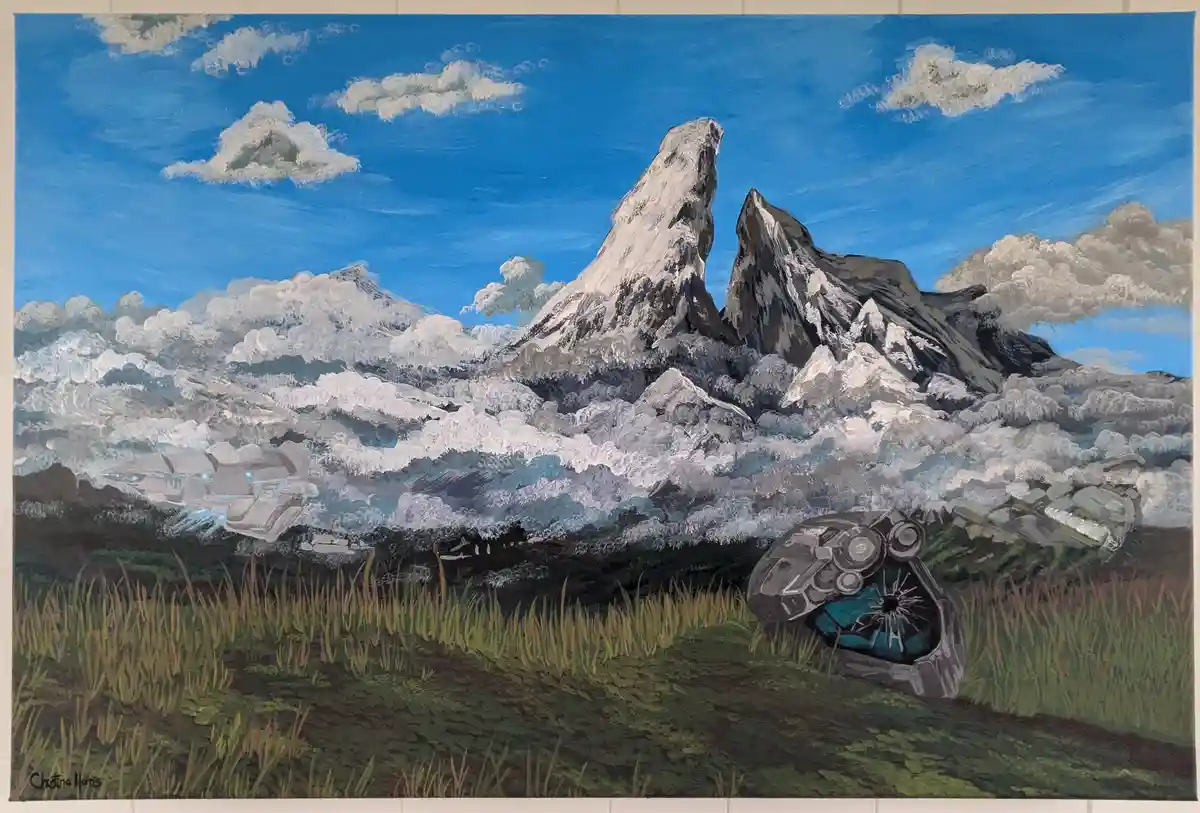 A painting depicts a serene mountain landscape with snow-capped peaks and fluffy clouds under a blue sky. In the foreground…