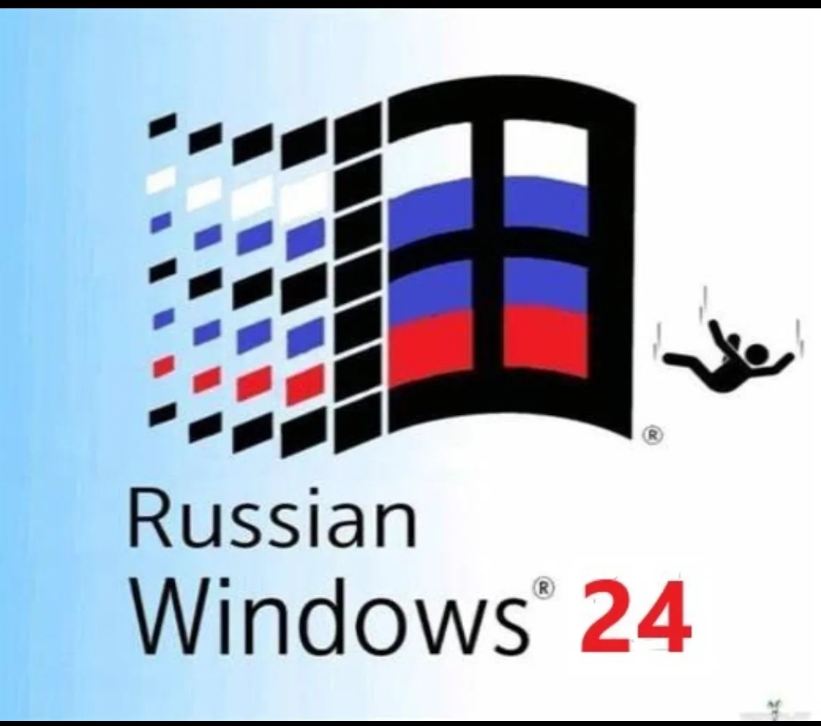 The image displays the classic Windows logo, but the right side is replaced with the Russian flag. Below it, the text reads…