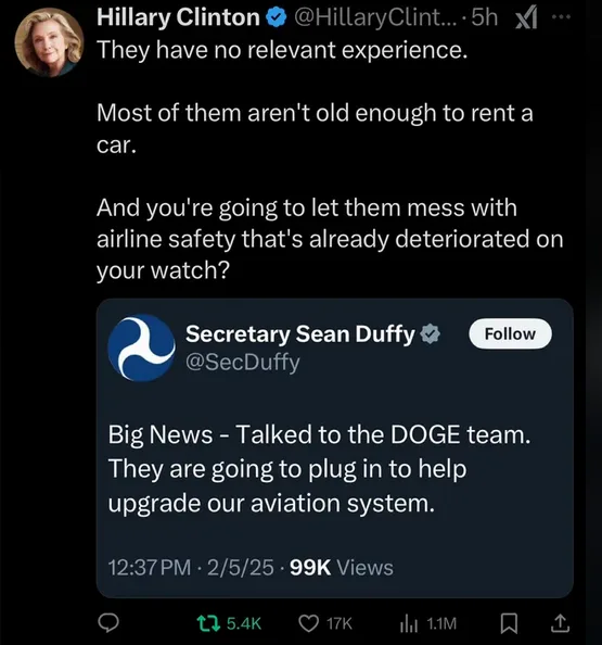 A screenshot of a tweet from Hillary Clinton criticizing inexperienced people for handling airline safety, followed by a…