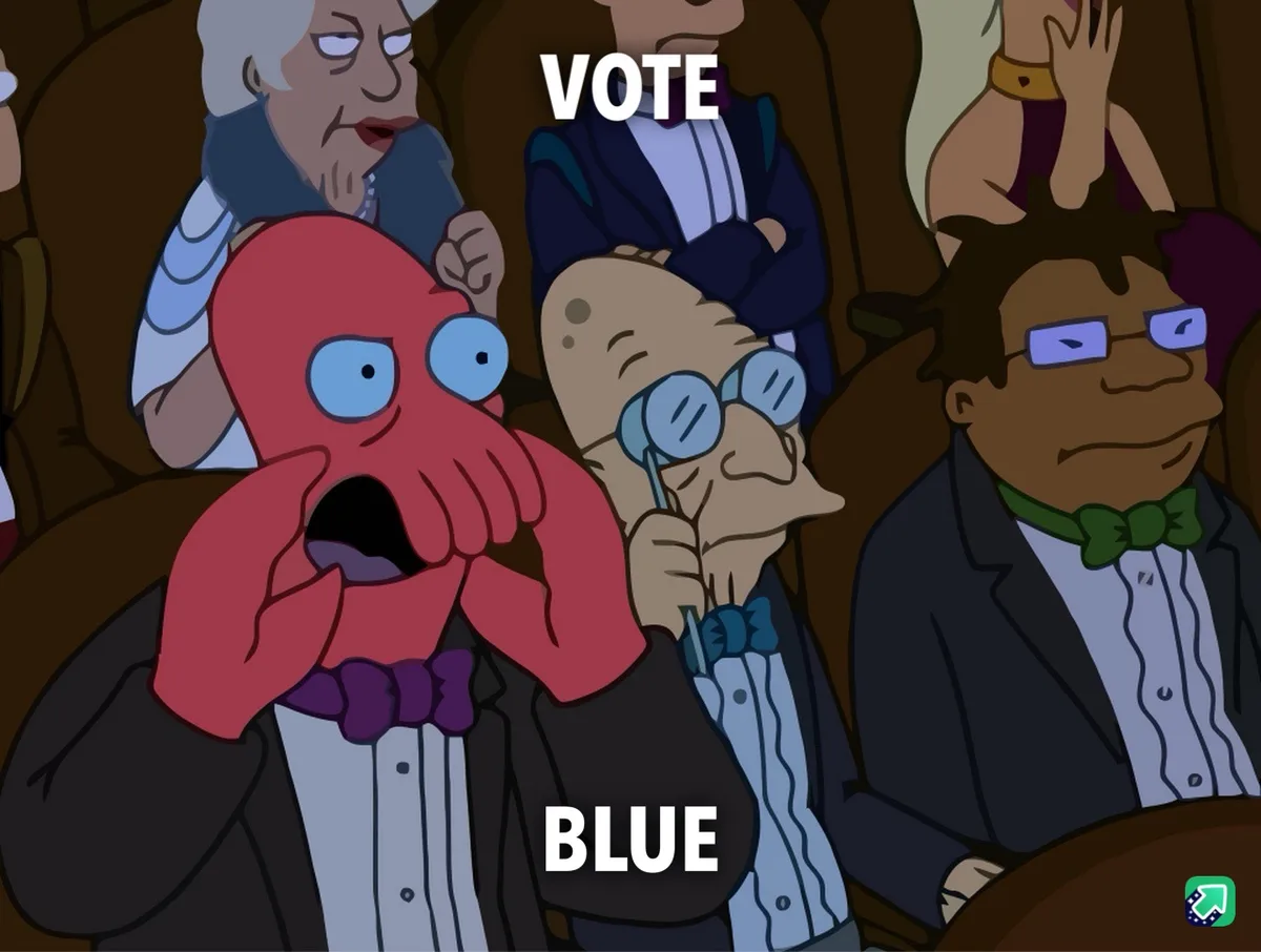 A red octopus character in a tuxedo with a shocked expression and hands over its mouth is overlaid with the text 'VOTE'…