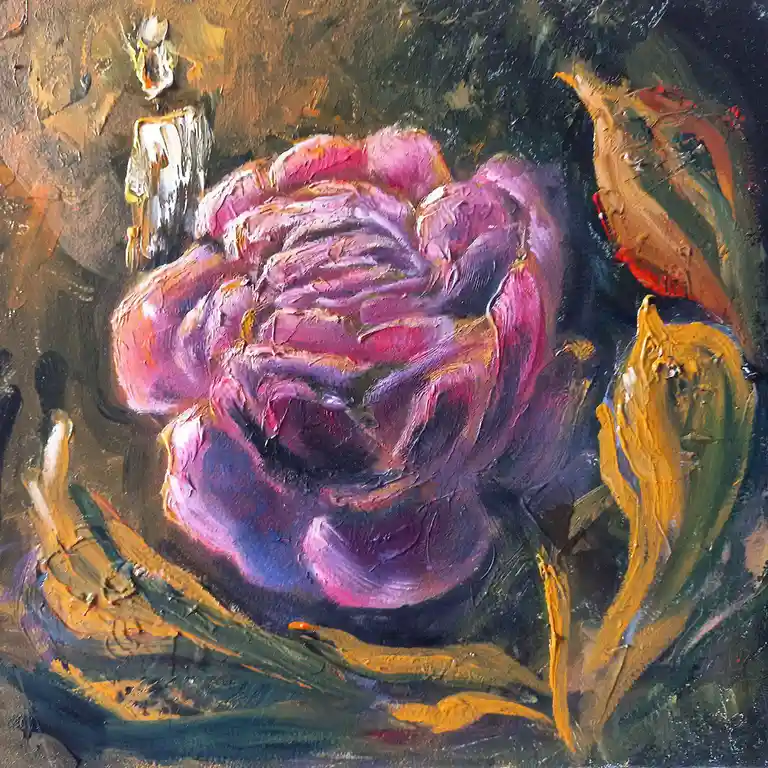 An oil painting depicts a large, textured purple peony flower with thick brushstrokes, surrounded by abstract green and…