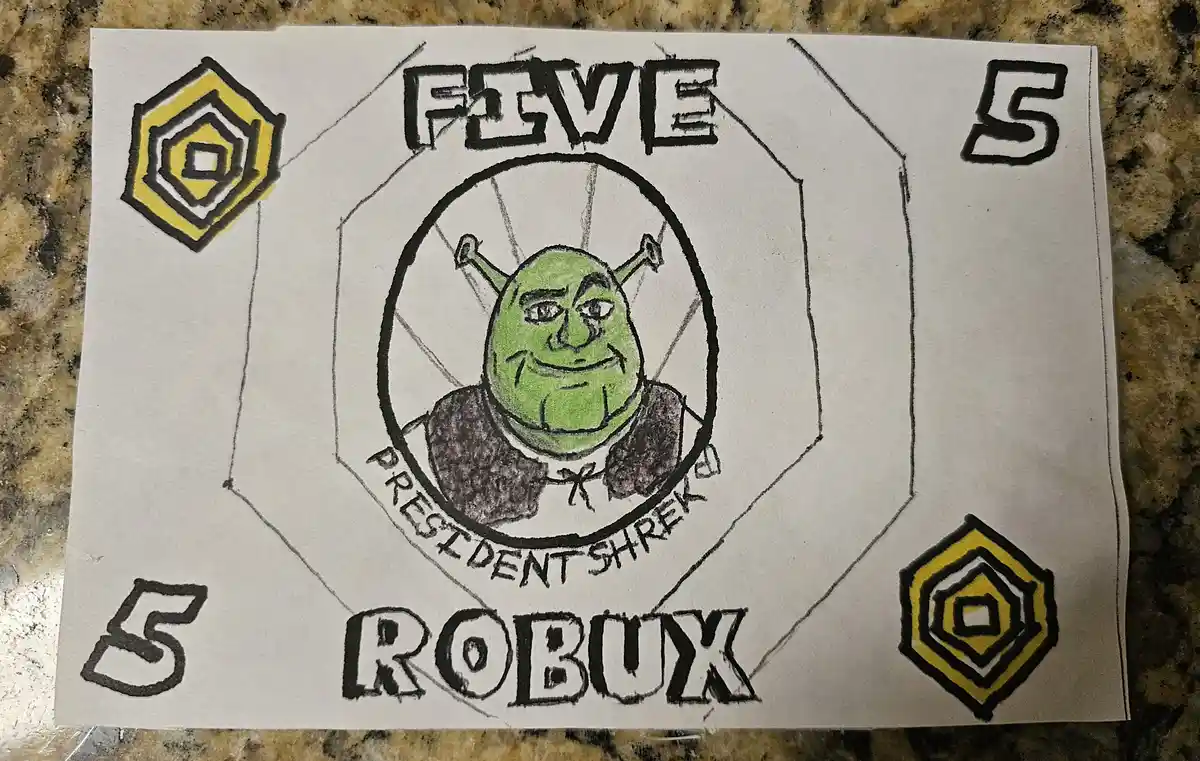 A hand-drawn imitation of a Robux bill features a green ogre with two antennae, labeled 'PRESIDENT SHREK', surrounded by the…