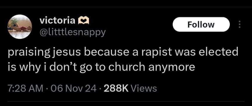 A screenshot of a tweet from user 'victoria' with a heart emoji, showing the text 'praising jesus because a rapist was…