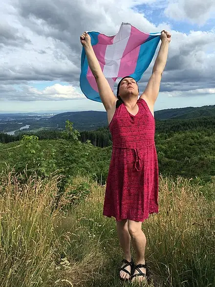 a woman in a red dress stands on a grassy hilltop holding a transgender pride flag aloft with both arms raised, looking…
