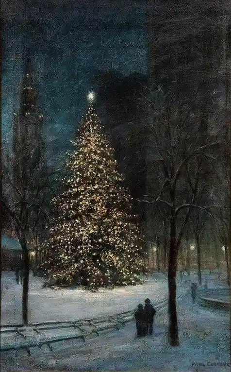 a painting depicts a large, beautifully lit christmas tree in a snowy park at night, with two small figures standing nearby…